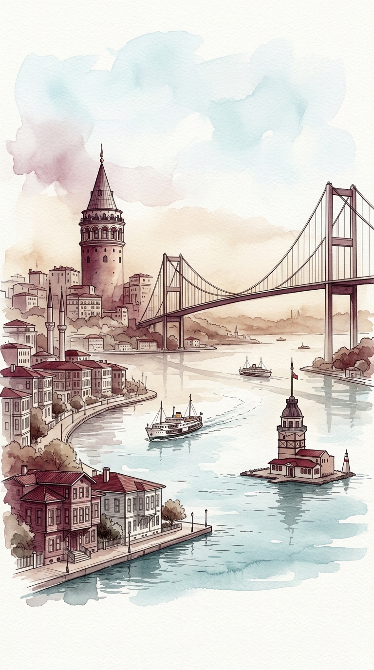 İstanbul & Boğaz Köprüsü — suluboya